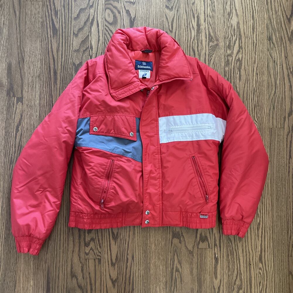 Vintage Edelweiss Permia Men’s Coat Ski Jacket Size Medium Nylon Red White Retro